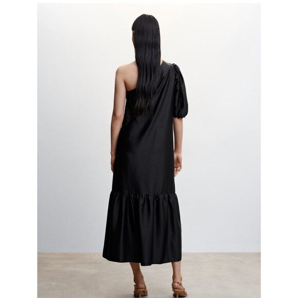 Mango Black Asymmetrical Satin Dress With Puffed Sleeve & Ruffled Hem Sz US 10 - Picture 3 of 13
